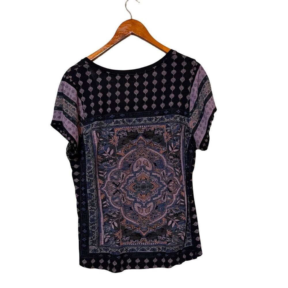 Lucky Brand Womens 1X Boho Mandala Print Short Sleeve Top Black Purple - Picture 2 of 5